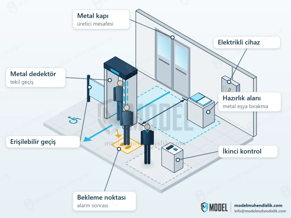Metal giriş kapısından mesafeli kapı tipi metal dedektör, metal eşya bırakma masası, alarm sonrası bekleme noktası, ikinci kontrol alanı, erişilebilir geçiş ve yakındaki elektrikli cihazı gösteren izometrik giriş çizimi.