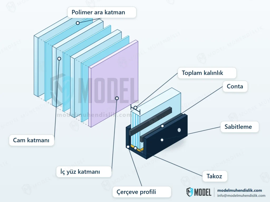 Kurşun geçirmez camın ayrık gösterilen cam ve polimer katmanlarını ve çerçeve içindeki takoz, conta ve sabitleme detayını gösteren izometrik çizim